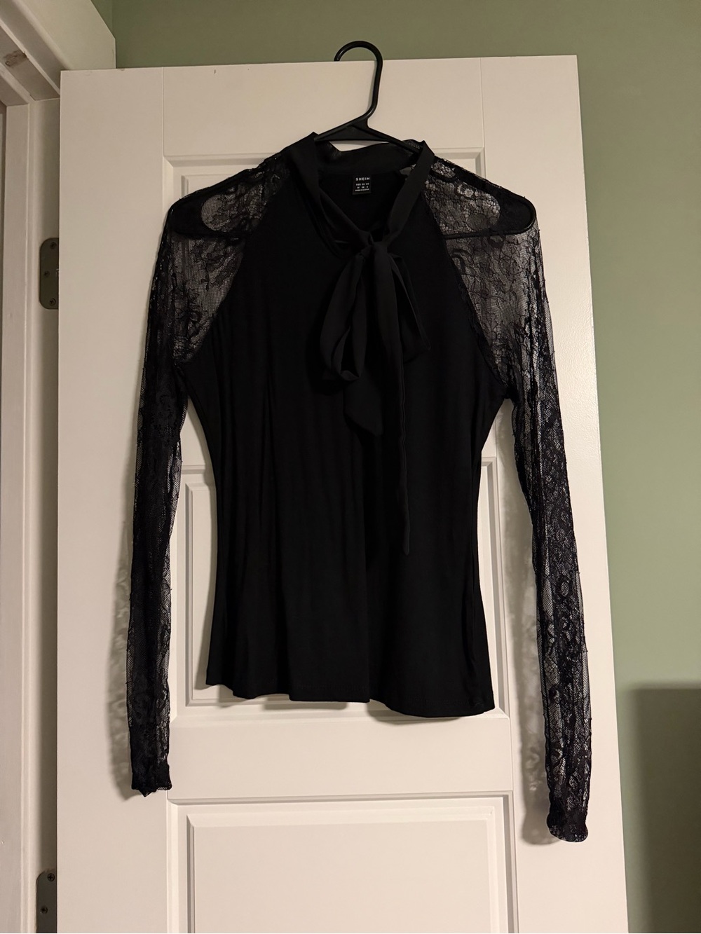 SHEIN Black Lace Trim Tie-Front Long Sleeve Top size Medium